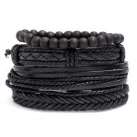 PU Leather Cord Bracelets, with Linen & Cowhide & Wax Cord & Wood, vintage & 4 pieces & for man Approx 6.7-7 Inch [