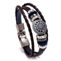 PU Leather Cord Bracelets, with Split Layer Cowhide Leather & Wood & Copper Coated Plastic & Zinc Alloy, plated, vintage & multilayer & for man, 10mm Approx 7.9-9 Inch [