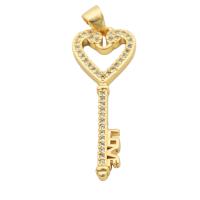 Cubic Zirconia Micro Pave Brass Pendant, Key, gold color plated, fashion jewelry & DIY & micro pave cubic zirconia & for woman, golden Approx 3mm 