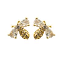 Cubic Zirconia Micro Pave Brass Earring, Bee, gold color plated, fashion jewelry & micro pave cubic zirconia & for woman, golden 