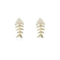 Rhinestone Brass Drop Earring, Fish Bone, gold color plated, fashion jewelry & for woman & with rhinestone [