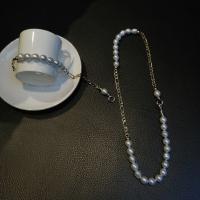 Conjunto de joya de perla de agua dulce de latón, Perlas cultivadas de agua dulce, con metal, 14K lleno de oro, Joyería & para mujer, Blanco, 9-10mm, longitud:aproximado 42 cm, aproximado 18 cm, Vendido por UD