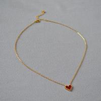 Collier en laiton fait à la main, avec 5CM chaînes de rallonge, coeur, Plaqué d'or, bijoux de mode & pour femme & émail, rouge Environ 40 cm, Vendu par PC[