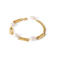 Cultured Freshwater Pearl Bracelets, 304 Stainless Steel, with Freshwater Pearl, with 5cm extender chain, plated, fashion jewelry, golden, 8.7mm .5 cm 