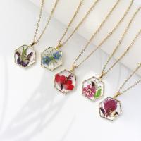 Resin Zinc Alloy Necklace, with 304 Stainless Steel Chain & Dried Flower & Resin, gold color plated, for woman & epoxy gel Approx 17.7 Inch [