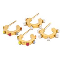 Edelstahl Stud Ohrring, 304 Edelstahl, mit Kunststoff Perlen, 18K vergoldet, Modeschmuck & für Frau & Emaille, goldfarben, 20.2x3.1mm, verkauft von Paar[