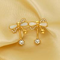 Stainless Steel Rhinestone Stud Earring, 304 Stainless Steel, with Shell, Bowknot, 18K gold plated, fashion jewelry & for woman & with rhinestone, golden [