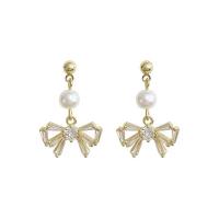 Cubic Zircon Brass Earring, Copper Alloy, with Plastic Pearl, Bowknot, gold color plated, fashion jewelry & micro pave cubic zirconia & for woman 