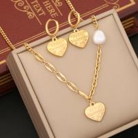 Fashion Stainless Steel Jewelry Sets, 304 Stainless Steel, with Plastic Pearl, Heart, gold color plated & with letter pattern & for woman [