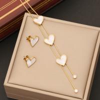 Fashion Stainless Steel Jewelry Sets, 304 Stainless Steel, with White Shell, Heart, gold color plated, snake chain & for woman [