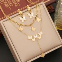Fashion Stainless Steel Jewelry Sets, 304 Stainless Steel, with White Shell, Butterfly, gold color plated, oval chain & for woman [