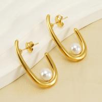 Stainless Steel Stud Earring, Titanium Steel, with Plastic Pearl, 18K gold plated, fashion jewelry & for woman, golden [
