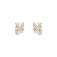 Cubic Zirconia Micro Pave Brass Earring, Copper Alloy, with Plastic Pearl, Butterfly, platinum plated, fashion jewelry & micro pave cubic zirconia & for woman [