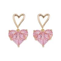 Cubic Zircon Brass Earring, Copper Alloy, with Cubic Zirconia, Heart, real gold plated, fashion jewelry & for woman 