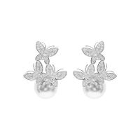 Cubic Zirconia Micro Pave Brass Earring, Copper Alloy, with Plastic Pearl, Butterfly, platinum plated, fashion jewelry & micro pave cubic zirconia & for woman, white [