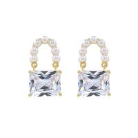 Cubic Zircon Brass Earring, Copper Alloy, with Cubic Zirconia & Plastic Pearl, real gold plated, fashion jewelry & for woman 