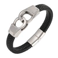 PU Leather Cord Bracelets, with 316L Stainless Steel, Handcuffs & for man, black [