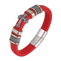 PU Leather Cord Bracelets, with 316L Stainless Steel, Cross & for man, red [