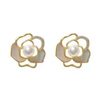 Cubic Zirconia Micro Pave Brass Earring, Copper Alloy, with Plastic Pearl, Flower, real gold plated, fashion jewelry & micro pave cubic zirconia & for woman & enamel [