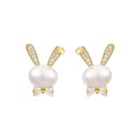 Cubic Zirconia Micro Pave Brass Earring, Copper Alloy, with Plastic Pearl, Rabbit, real gold plated, fashion jewelry & micro pave cubic zirconia & for woman [