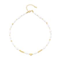 Glass Pearl Necklace, Brass, with Glass Pearl, with 2inch extender chain, real gold plated, fashion jewelry & for woman Approx 15.5 Inch [