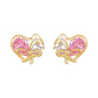 Cubic Zircon Brass Earring, Copper Alloy, with Plastic Pearl, Heart, real gold plated, fashion jewelry & micro pave cubic zirconia & for woman, pink 