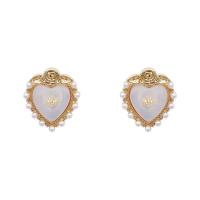 Cubic Zircon Brass Earring, Copper Alloy, with Cubic Zirconia & Plastic Pearl, Heart, real gold plated, fashion jewelry & for woman, white 