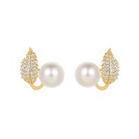 Cubic Zirconia Micro Pave Brass Earring, Copper Alloy, with Plastic Pearl, Leaf, real gold plated, fashion jewelry & micro pave cubic zirconia & for woman [