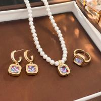 Brass Cubic Zirconia Jewelry Sets, with Cubic Zirconia & Plastic Pearl, real gold plated, fashion jewelry & for woman, golden Approx 40 cm 