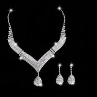 Jewelry Gift Sets, Rhinestone, earring & necklace, with brass claw chain, Teardrop, silver color plated, 2 pieces & fashion jewelry & for woman, clear, 45mm Approx 47 cm 