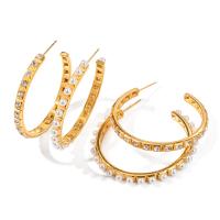 Edelstahl Stud Ohrring, 304 Edelstahl, mit Kunststoff Perlen, 18K vergoldet, verschiedene Stile für Wahl & für Frau & mit Strass, goldfarben, verkauft von Paar[