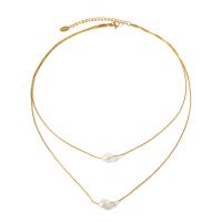 Fashion Multi Layer Necklace, 304 Stainless Steel, with Freshwater Pearl, with 2.17inch extender chain, 18K gold plated, Double Layer & fashion jewelry & for woman, golden Approx 15.55 Inch, Approx 18.31 Inch 