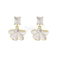 Cubic Zircon Brass Earring, Copper Alloy, with Plastic Pearl, Flower, real gold plated, fashion jewelry & micro pave cubic zirconia & for woman & enamel, white 