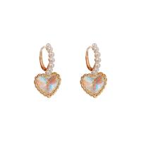 Cubic Zircon Brass Earring, with Plastic Pearl, Heart, gold color plated, fashion jewelry & micro pave cubic zirconia & for woman 