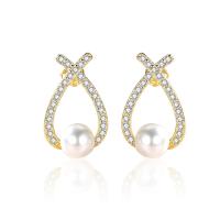 Sterling Silver Natural Pearl Stud Earring, 925 Sterling Silver, with Freshwater Pearl, plated, micro pave cubic zirconia [