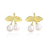 Sterling Silver Natural Pearl Stud Earring, 925 Sterling Silver, with Freshwater Pearl, Cherry, plated, for woman [