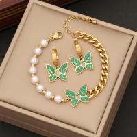 Enamel Stainless Steel Jewelry Sets, 304 Stainless Steel, with Plastic Pearl, Butterfly, gold color plated & for woman & with rhinestone [