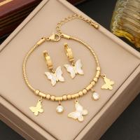 Rhinestone stainless steel Jewelry Set, 304 Stainless Steel, with White Shell & Plastic Pearl, Butterfly, gold color plated & for woman & with rhinestone [