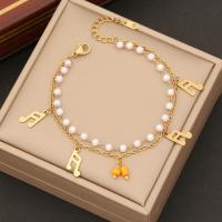 Stainless Steel Charm Bracelet, 304 Stainless Steel, with Plastic Pearl, with 2inch extender chain, gold color plated, Double Layer & for woman Approx 7 Inch [