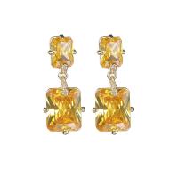 Cubic Zircon Brass Earring, with Cubic Zirconia, Rectangle, gold color plated, fashion jewelry & for woman & faceted 