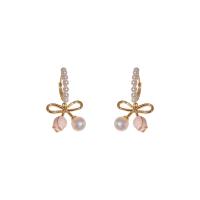 Brass Drop Earring, with Plastic Pearl, Bowknot, gold color plated, fashion jewelry & for woman, mixed colors [