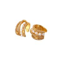 Rhinestone Brass Finger Ring, with Plastic Pearl, real gold plated & for woman & with rhinestone [