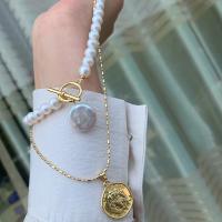 Collier de chaîne en laiton de perles d'eau douce, perle d'eau douce cultivée, avec Alliage de cuivre, 14K rempli d’or, Double couche & bijoux de mode & pour femme, blanc, 7-8mm Environ 40 cm, Vendu par PC[