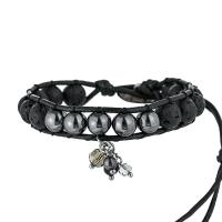Lava Bracelet, with Wax Cord & Hematite & Crystal & Zinc Alloy, Round, silver color plated, fashion jewelry & Bohemian style & Unisex, black Approx 17 cm [