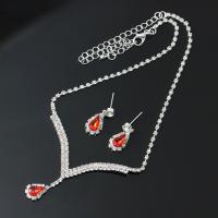Rhinestone Zinc Alloy Jewelry Set, earring & necklace, with 4.72inch extender chain, 2 pieces & for woman & with rhinestone, silver color, 24*10mm,15*10mm Approx 13.39 Inch [