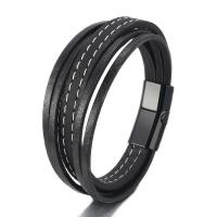 PU Leather Cord Bracelets, with Zinc Alloy, plumbum black color plated, multilayer & for man, black cm [