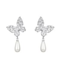Rhinestone Brass Drop Earring, with Glass Rhinestone & Plastic Pearl, Butterfly, platinum color plated, fashion jewelry & for woman [