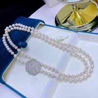 Пресноводные перлы ожерелье цепи свитера, Пресноводные жемчуги, с Медный сплав, ювелирные изделия моды & Женский & со стразами, белый, 7-8mm, длина:Приблизительно 105 см, продается PC