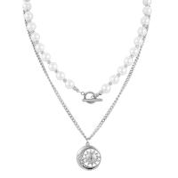 Fashion Multi Layer Necklace, 304 Stainless Steel, with Plastic Pearl, with 2.36inch extender chain, Double Layer & fashion jewelry & for man Approx 20.47 Inch, Approx 18.9 Inch 