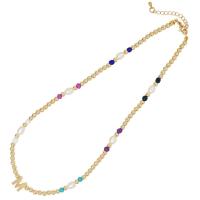Glass Seed Beads Necklace, with Plastic Pearl & Zinc Alloy, with 2inch extender chain, Alphabet Letter, gold color plated, fashion jewelry & for woman Approx 16.5 Inch [